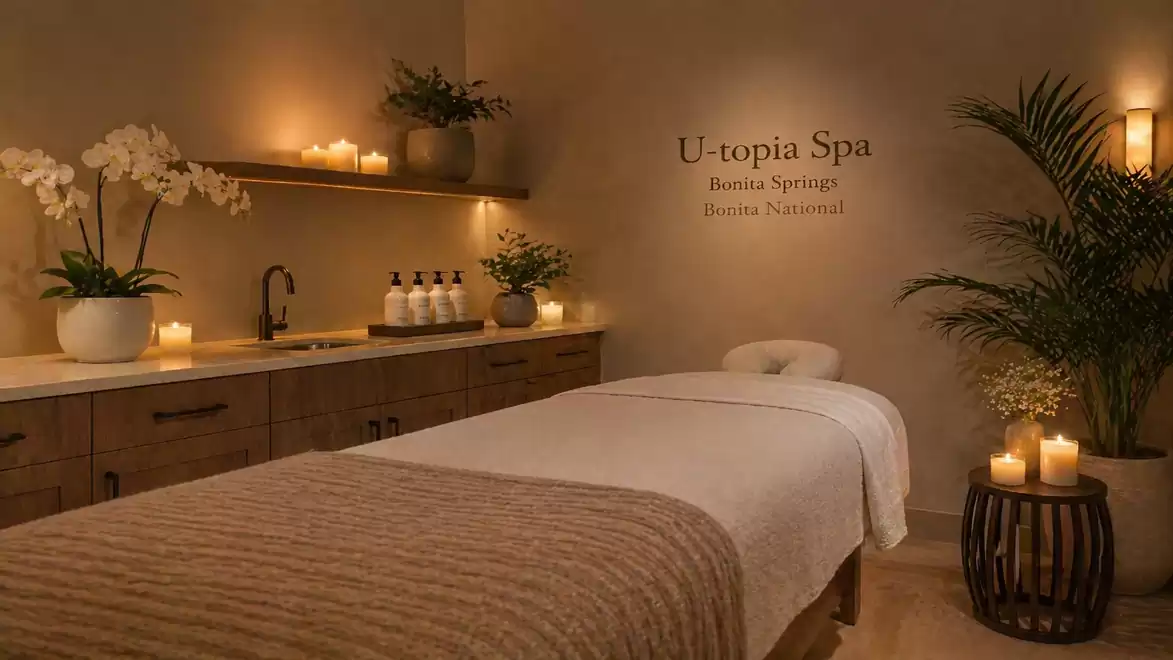 A cozy spa room with a massage table, soft lighting, candles, and plants. Relaxing atmosphere at U-topia Spa in Bonita Springs.