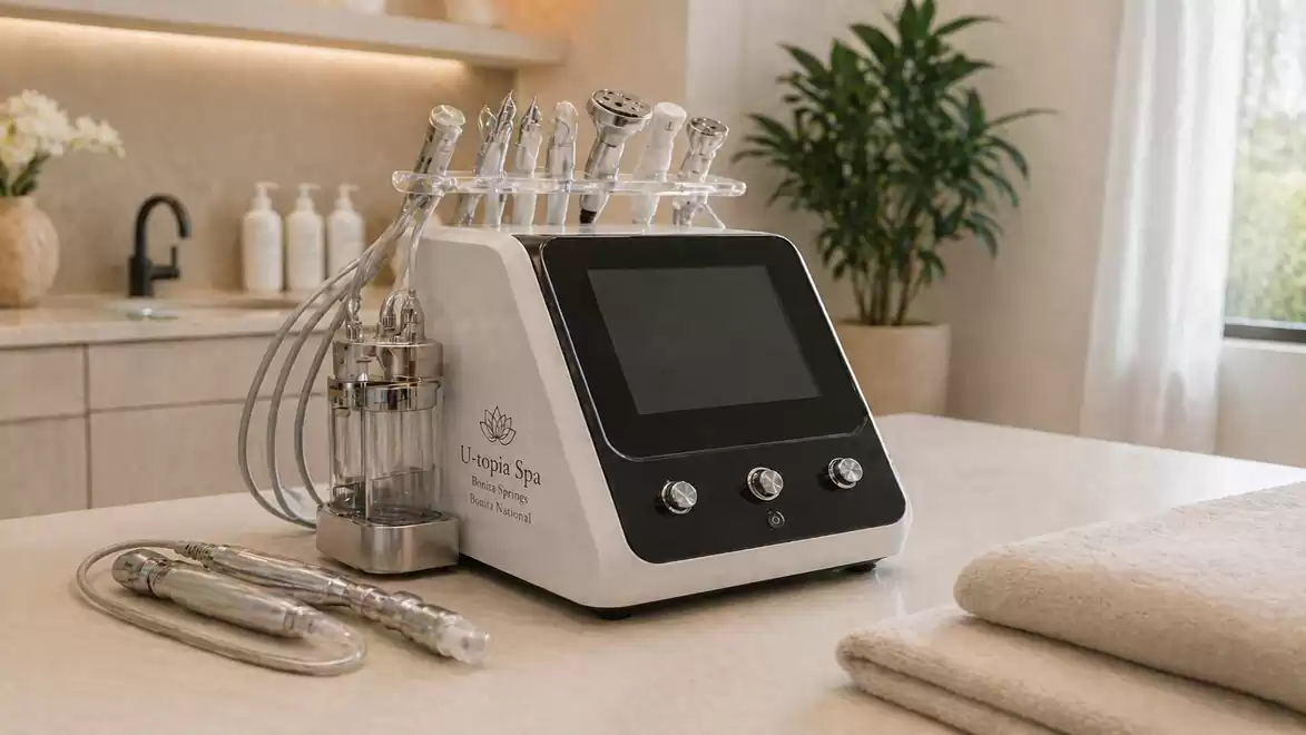 A sleek cosmetic device with digital display on a table in a modern spa room.