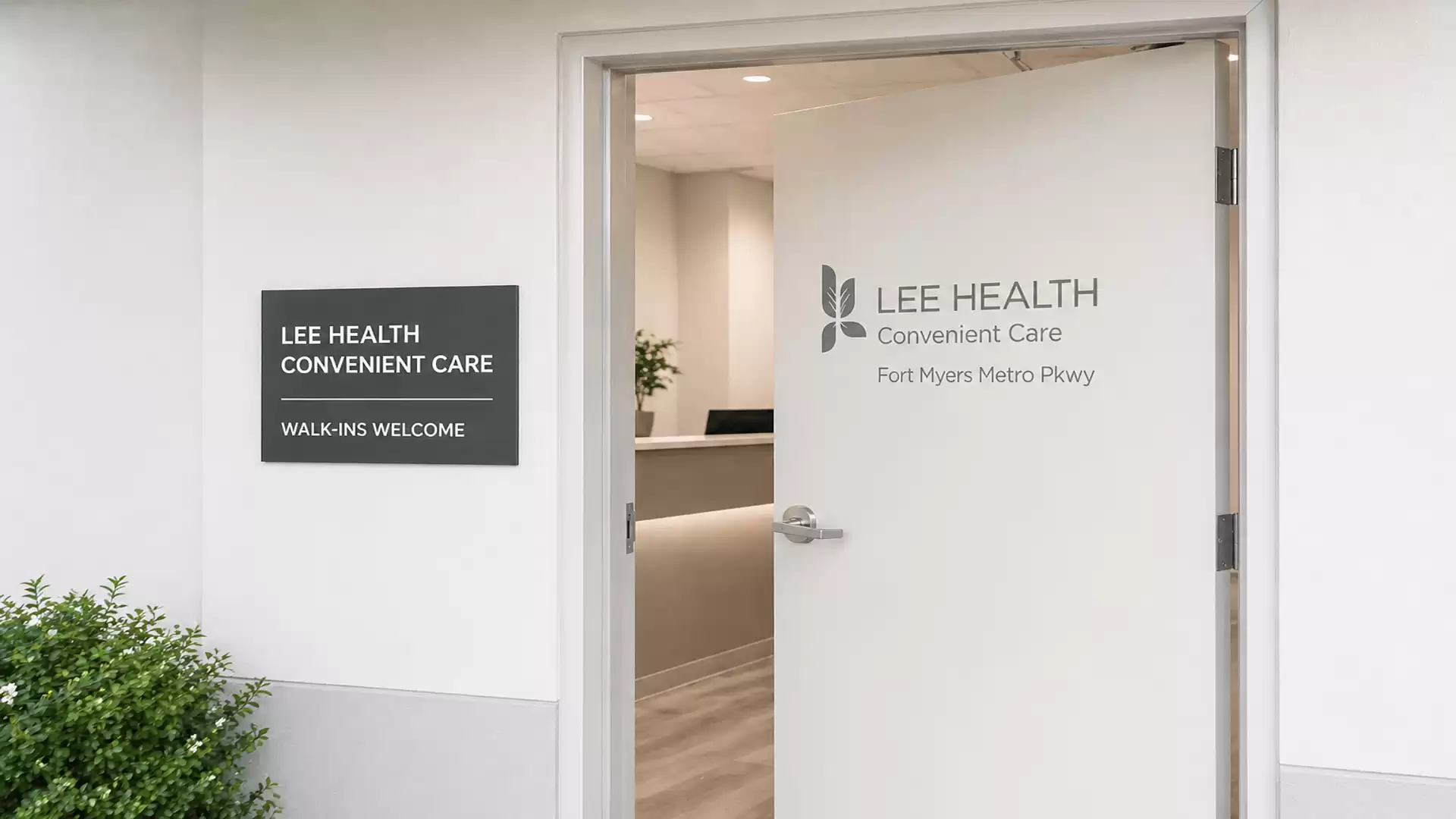 Entrance to a healthcare facility with an open door and welcome sign for walk-in visits.