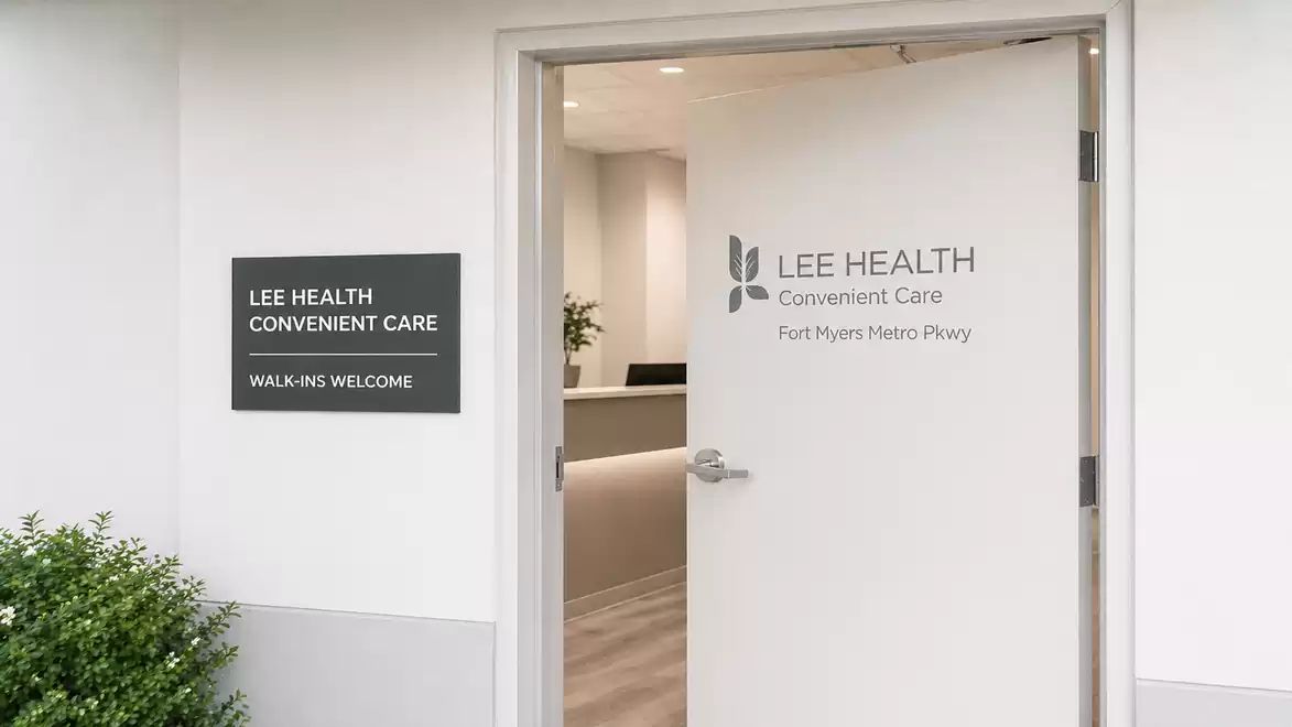 Entrance to a healthcare facility with an open door and welcome sign for walk-in visits.