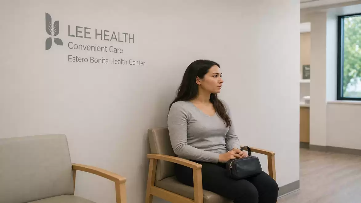 Woman sitting in the waiting area of a health center, with 'Lee Health Convenient Care Estero Bonita Health Center' on the wall.