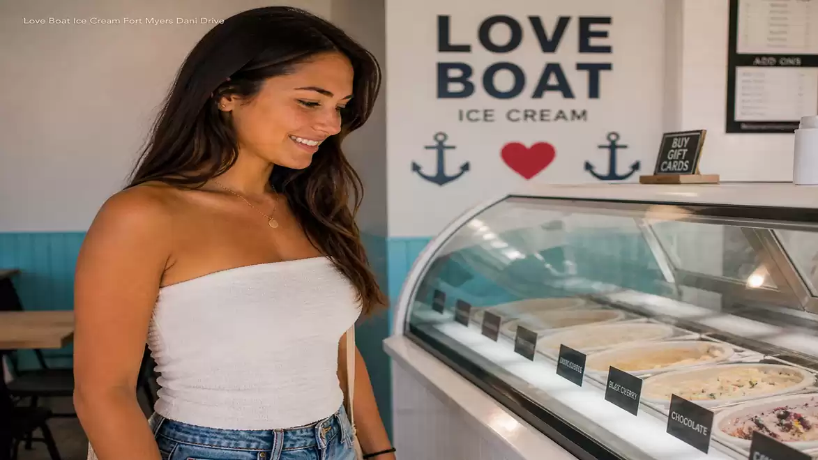 Young woman smiles and looks at an ice cream counter in a parlor with the sign 'Love Boat Ice Cream'.
