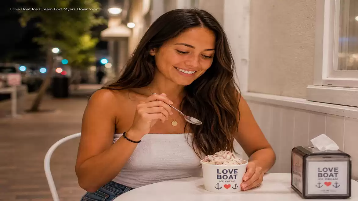 A woman sits at an outdoor table eating ice cream from a cup. It's evening, and the area is lit by lights.