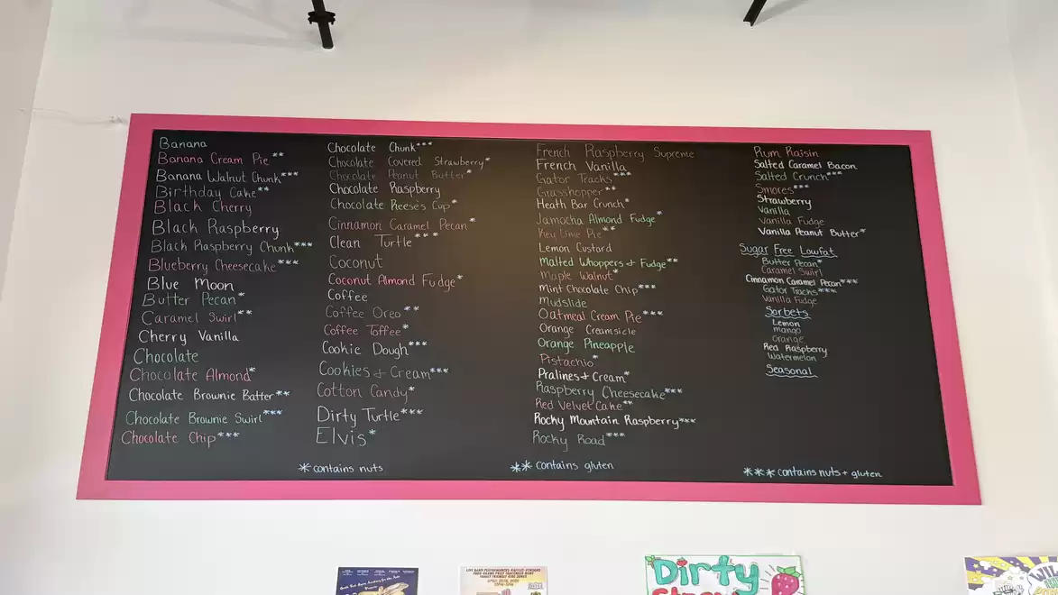 Image of a large chalkboard displaying various ice cream flavors and options written in white letters on a black board with a pink border.