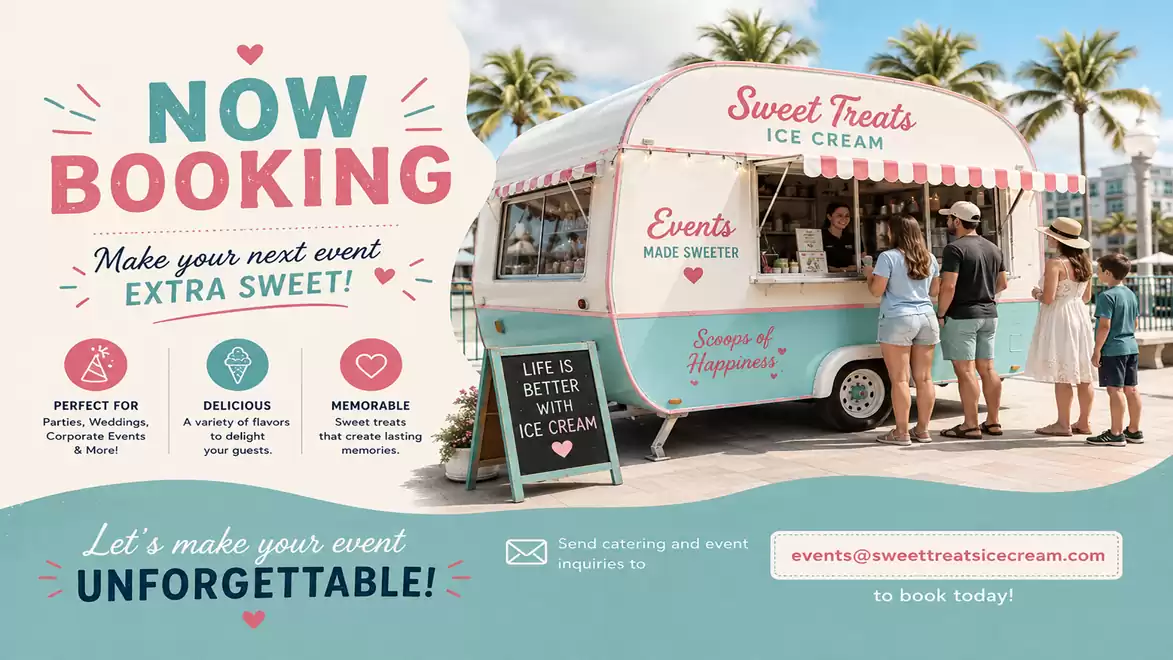 An ice cream truck named 'Sweet Treats Ice Cream' is set against palm trees. People are lining up for ice cream in a sunny setting. The text advertises organizing events with ice cream. Contact information for booking is provided.