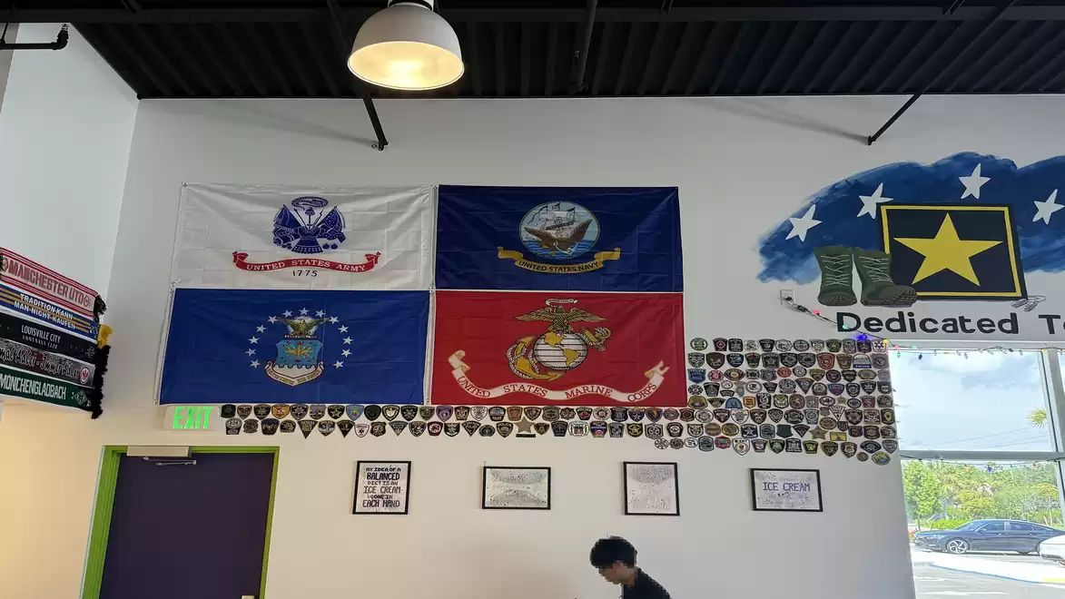 Wall with military flags and patches, with a man underneath. A ceiling lamp hangs above. It is daytime with natural light in the room.