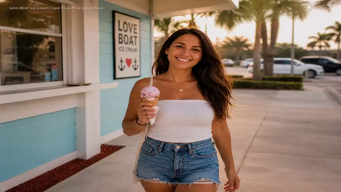 Woman in summer clothing holding an ice cream in front of an ice cream shop at sunset.