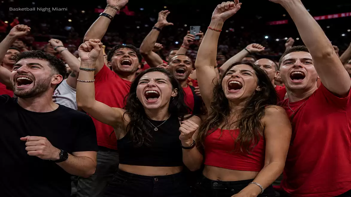 Cheering crowd at a basketball game, all wearing red clothing, raising their arms and celebrating with enthusiasm.