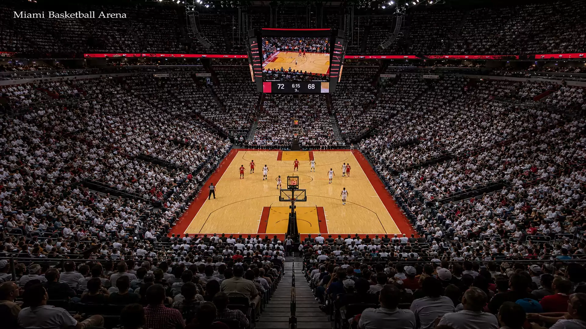 Packed basketball arena with ongoing game and large audience at Miami Basketball Arena.