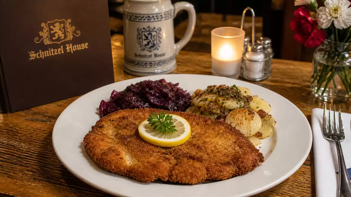 A plate of Wiener Schnitzel served with potato salad and red cabbage in a rustic restaurant with a candle and flower vase.