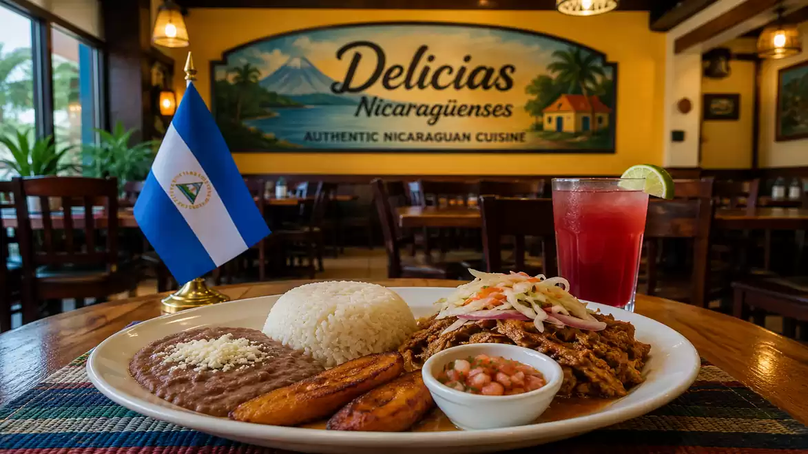 A plate of traditional Nicaraguan food in a restaurant, decorated with a Nicaraguan flag and a drink with lime. In the background, there's a sign reading 'Delicias Nicaragüenses'.