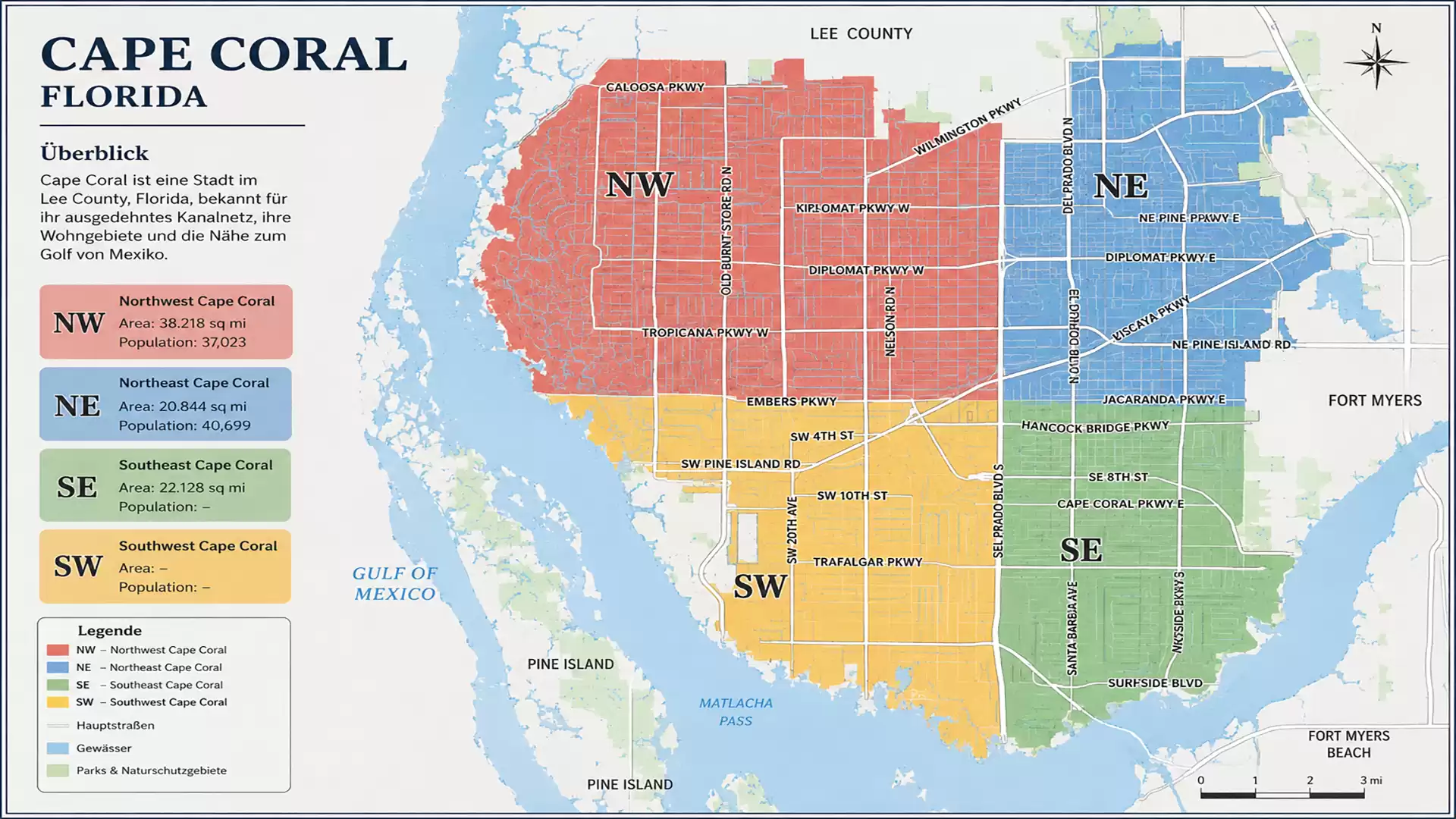 Map of Cape Coral in Florida with color-coded districts and major roads. The map shows areas NW, NE, SW, and SE and their boundaries.