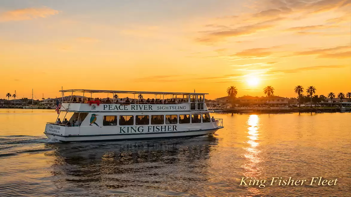King Fisher Fleet boat on the Peace River at sunset with palm trees on the horizon.