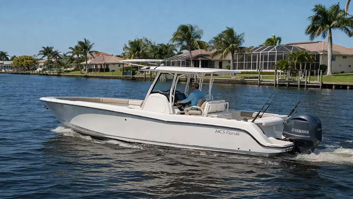 A white motorboat is cruising on calm waters, with palm trees and houses in the background.