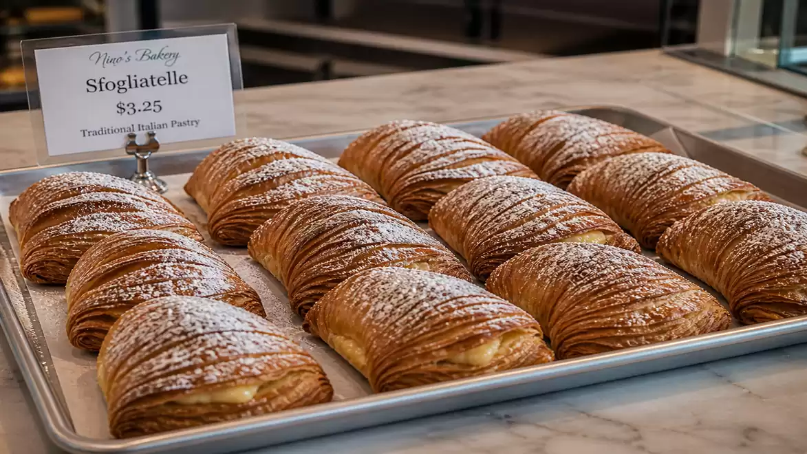 A bakery display with multiple sfogliatelle, traditional Italian pastries, on a tray. Each pastry is evenly browned and dusted with powdered sugar.