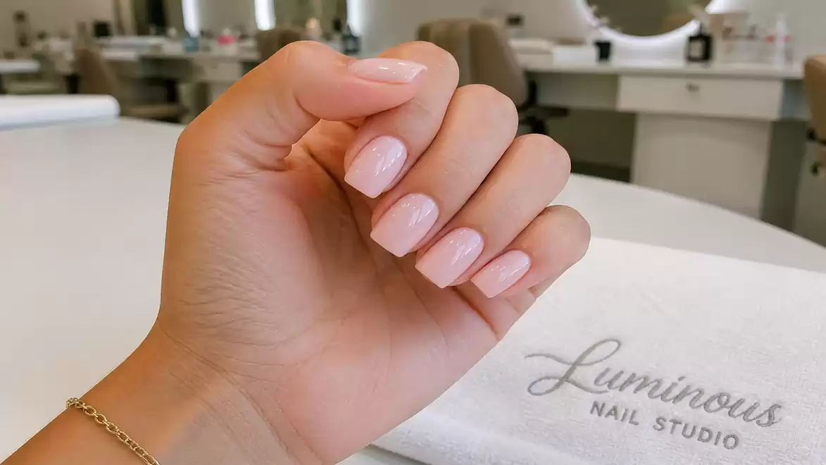 Close-up of a hand with freshly painted, light pink nails in a modern nail studio.