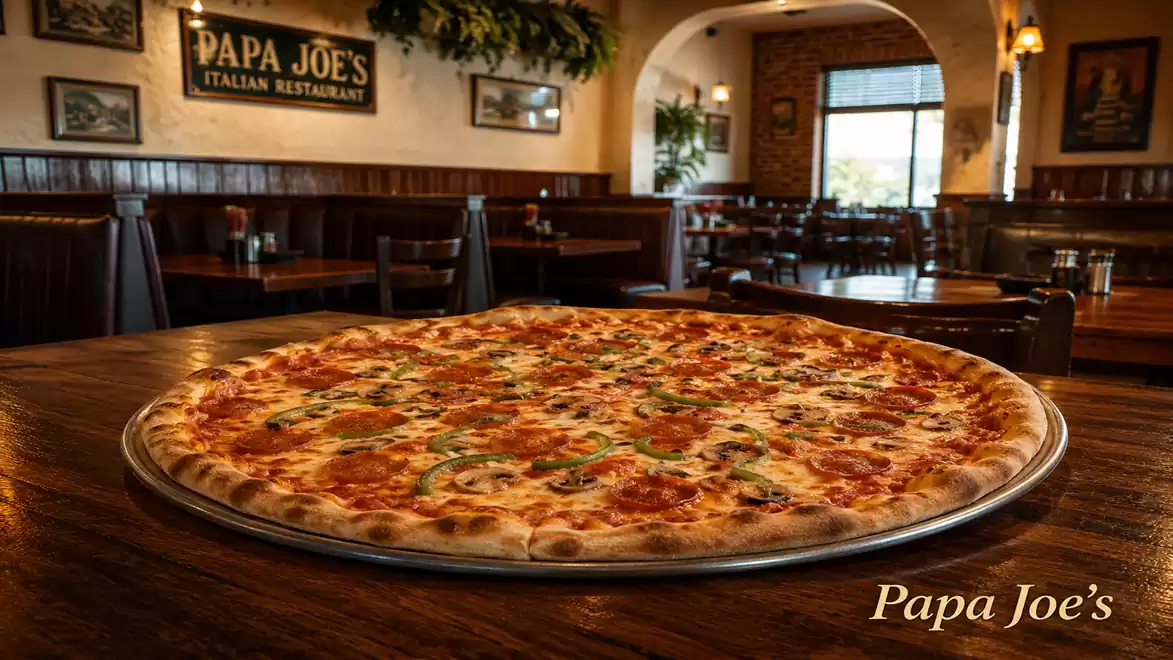 A large pizza in a cozy Italian restaurant with a rustic ambiance.