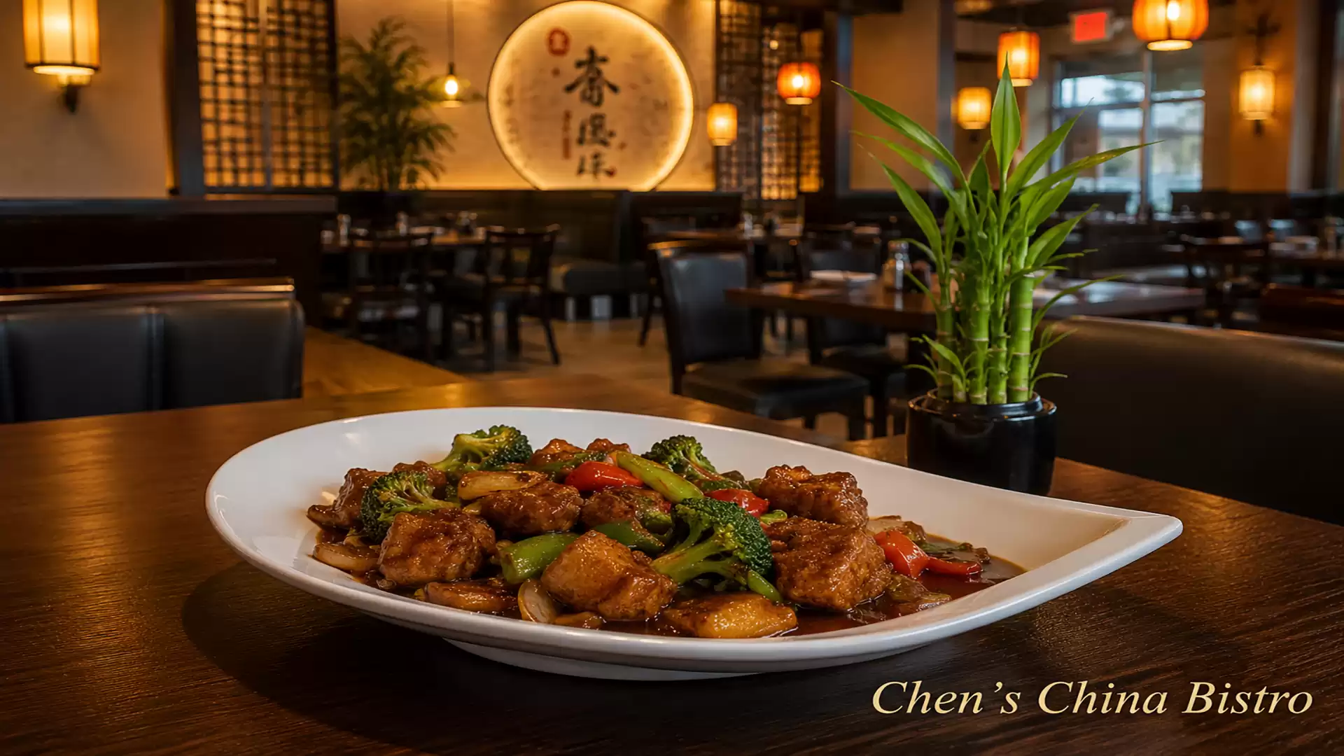 A plate of Asian dish on a table in a stylish Chinese restaurant with a warm ambiance.