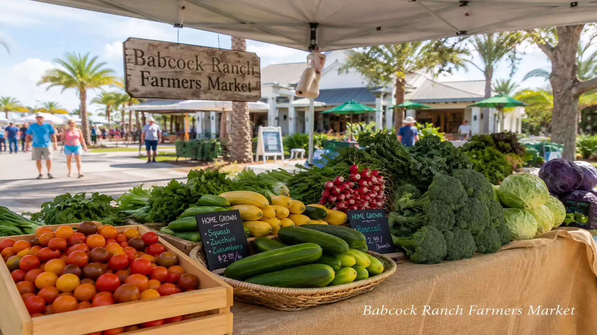 A farmers market with fresh vegetables like tomatoes, cucumbers, radishes, and broccoli. Market visitors and palm trees are visible in the background.
