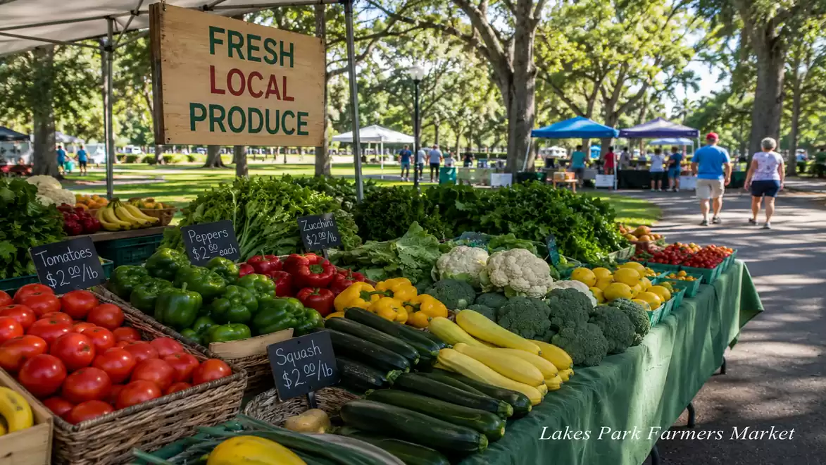 A farmers market stall with fresh local produce such as tomatoes, peppers, zucchini, and flowers, surrounded by green trees.