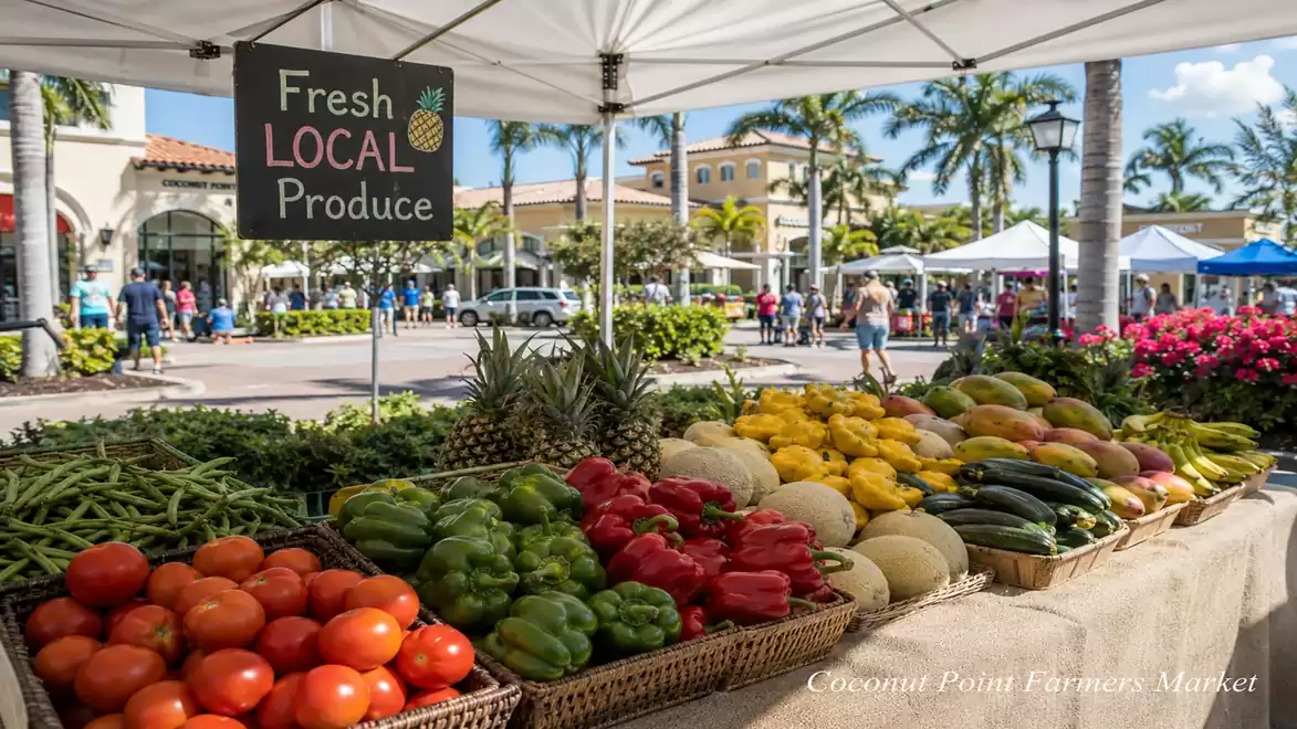 A local farmers market displays fresh fruits and vegetables, including tomatoes, bell peppers, melons, and zucchinis. A sign reads 'Fresh Local Produce'.