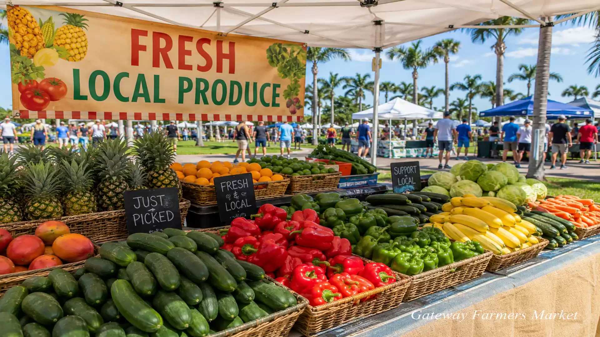 A bustling outdoor farmers' market with colorful fresh fruits and vegetables on a table under a sunshade. Green palm trees and a blue sky are visible in the background.