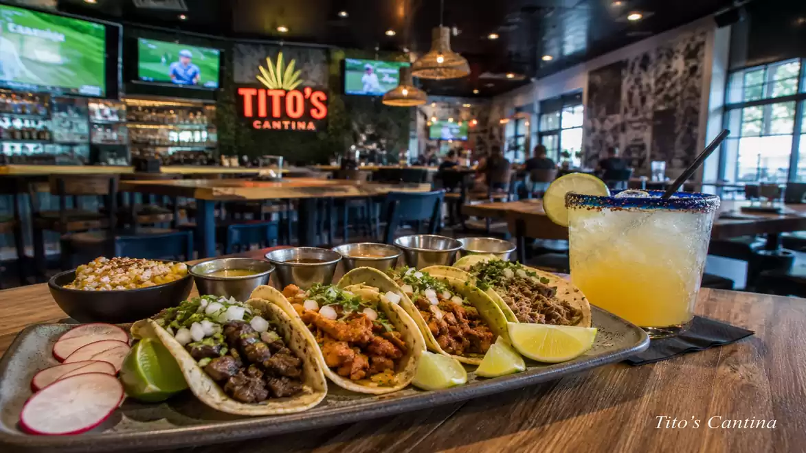 A stylish restaurant featuring a platter of five tacos garnished with onions and herbs, served alongside lime wedges. In the background, a cozy bar atmosphere at Tito’s Cantina, suitably lit, with a glass of orange cocktail with a lime slice and salted ri