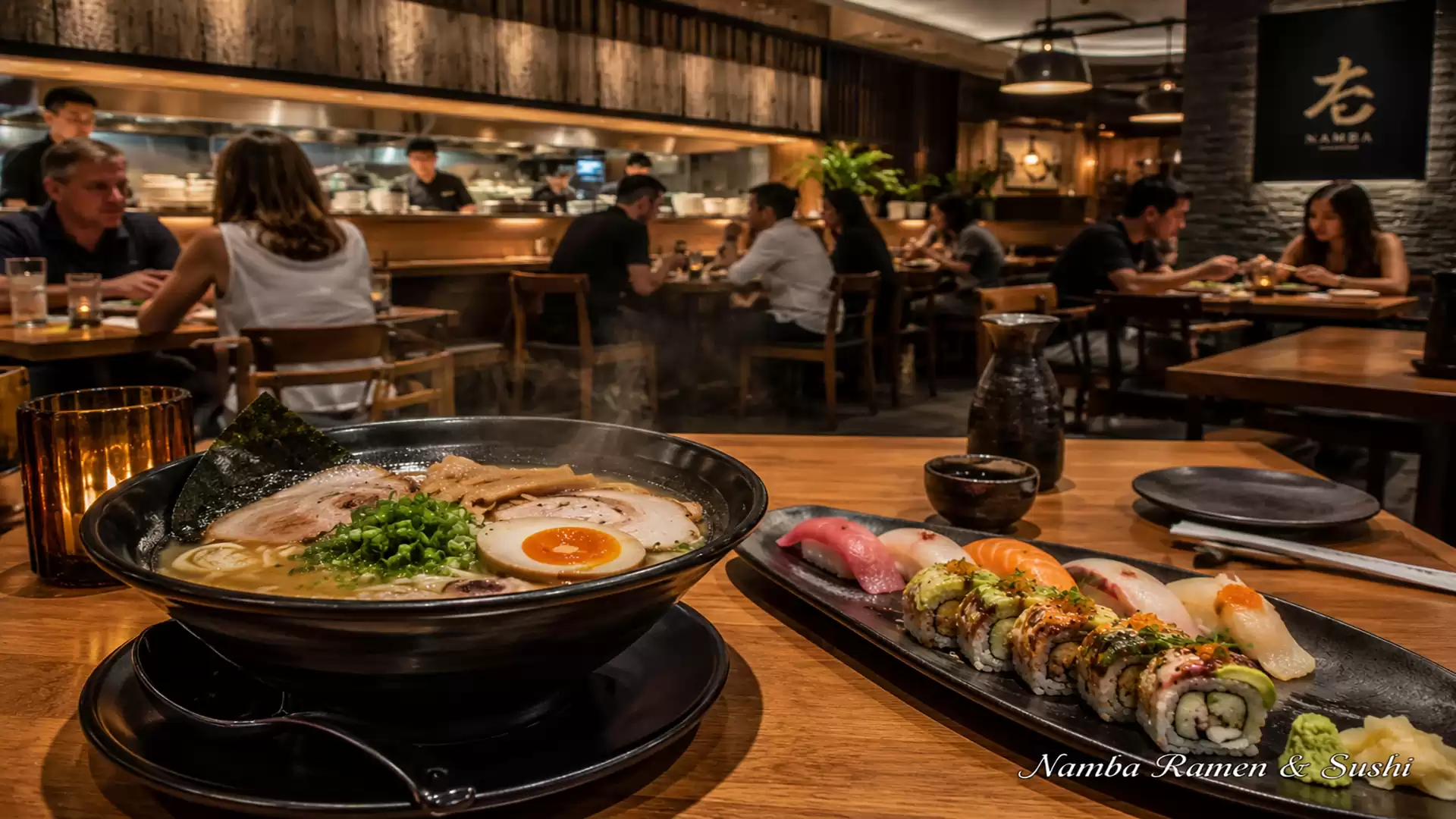 A cozy restaurant with wooden tables. In the foreground, a steaming bowl of ramen and a plate of sushi. In the background, guests are sitting at wooden tables, chatting in a relaxed atmosphere.