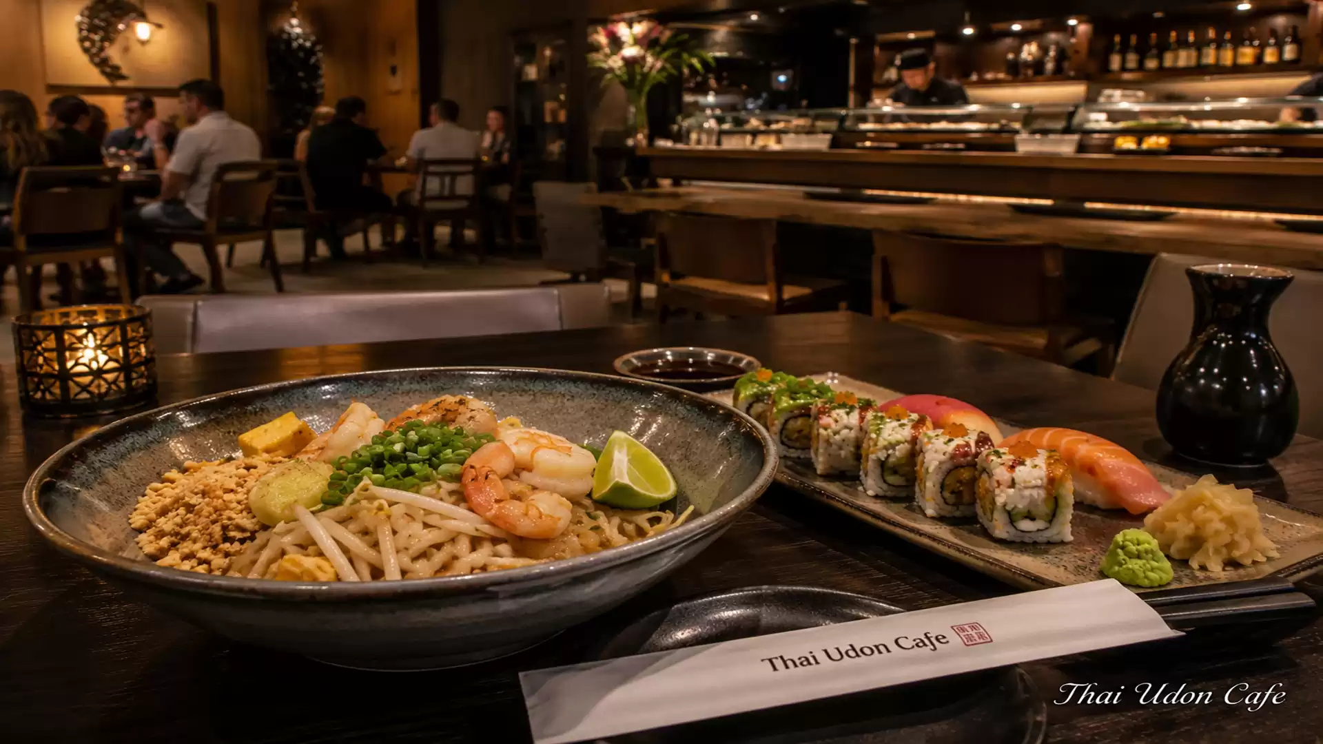 A plate of Asian noodles with shrimp next to a platter of sushi rolls in a stylish restaurant setting.