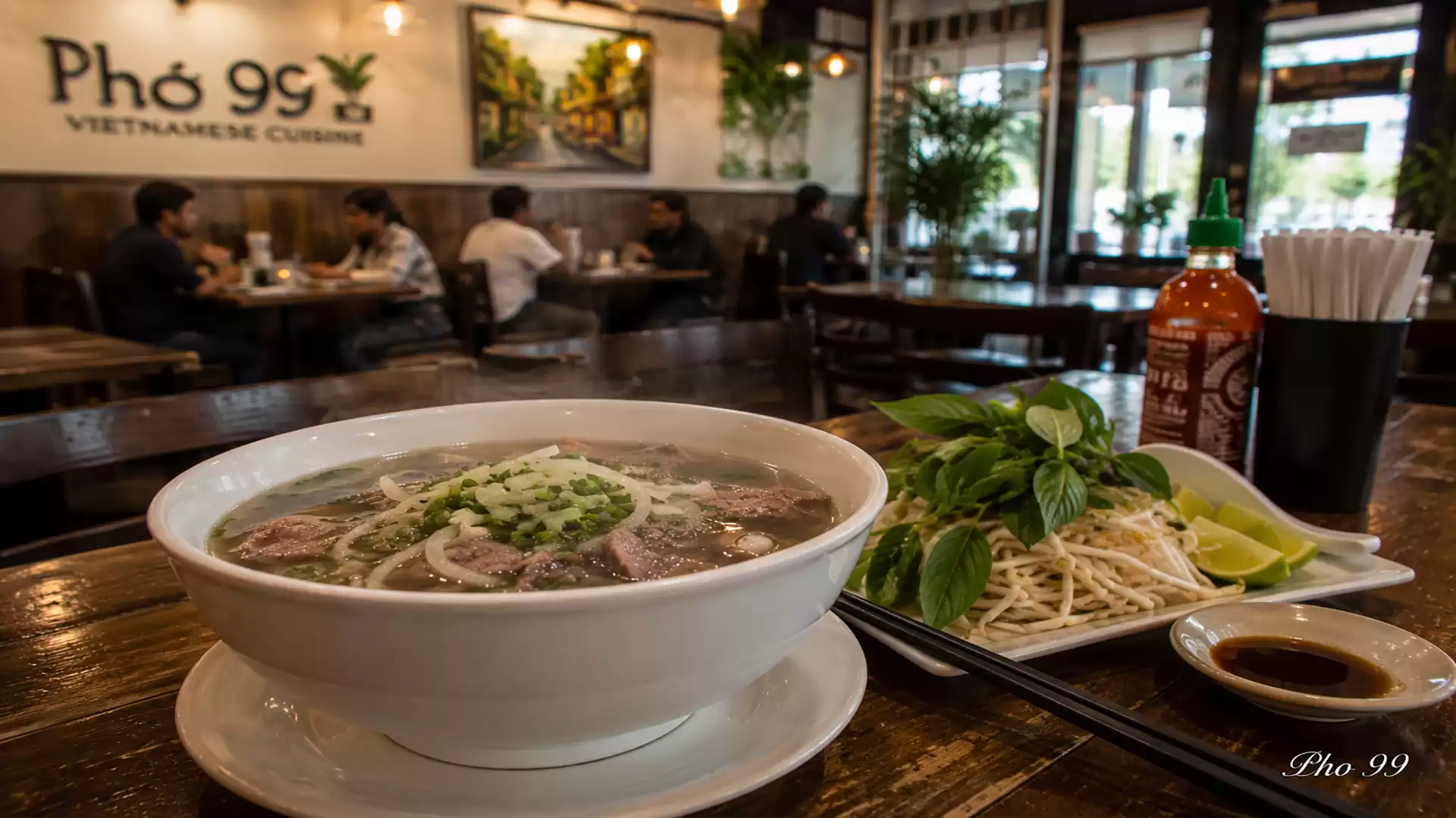 Interior view of a Vietnamese restaurant with a bowl of Pho in the foreground. Fresh herbs and sauces are on the table next to it.