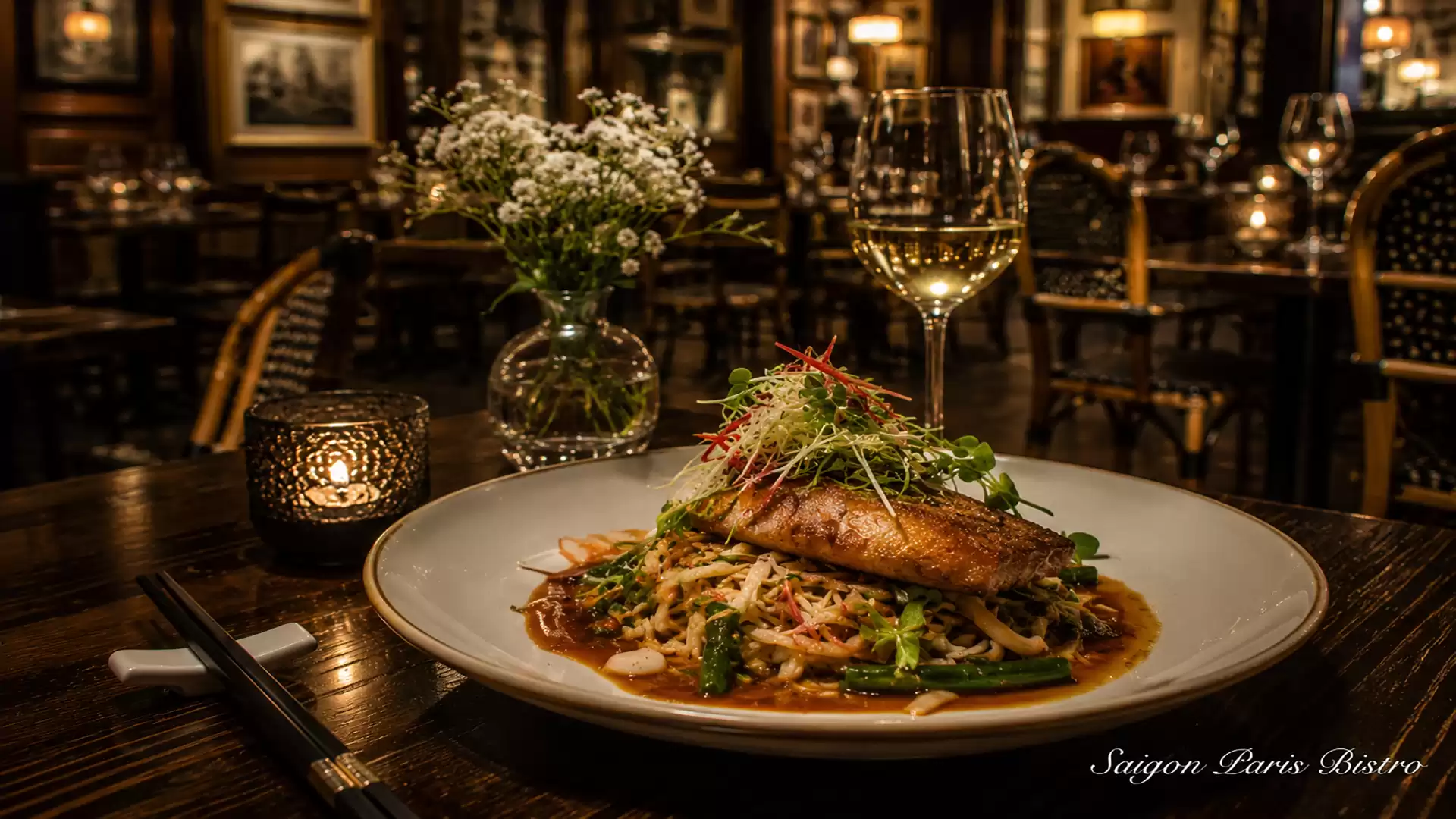 An elegant restaurant with a plate of Asian noodles, garnished with fresh herbs and a glass of white wine on a wooden table.