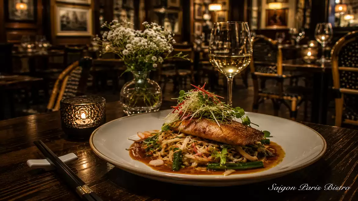 An elegant restaurant with a plate of Asian noodles, garnished with fresh herbs and a glass of white wine on a wooden table.