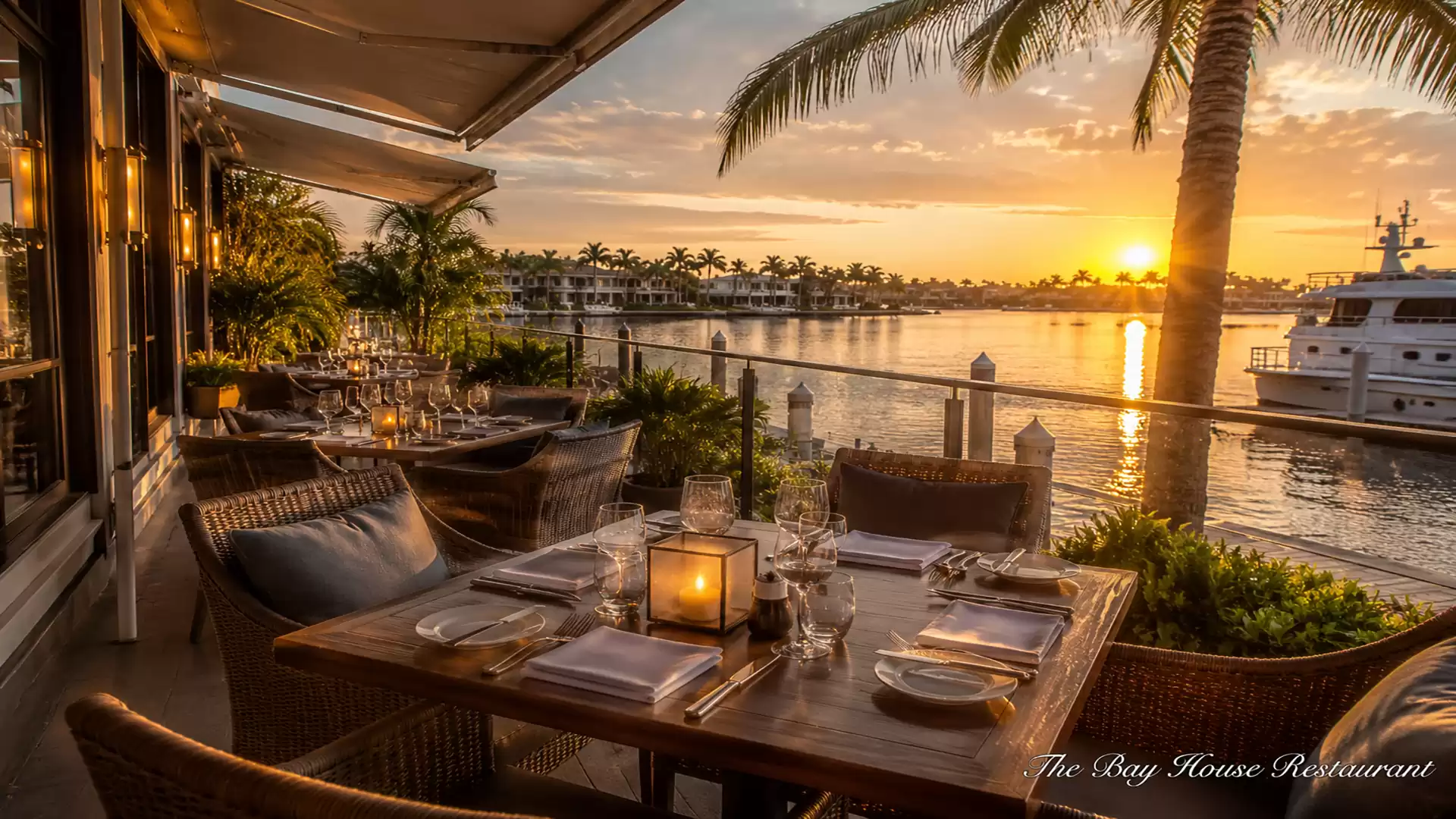 Cozy waterfront restaurant with a view of the sunset, palm trees, and a passing boat.