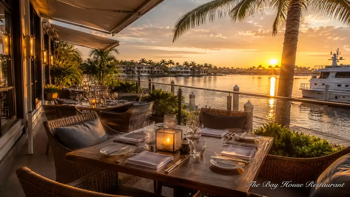 Cozy waterfront restaurant with a view of the sunset, palm trees, and a passing boat.