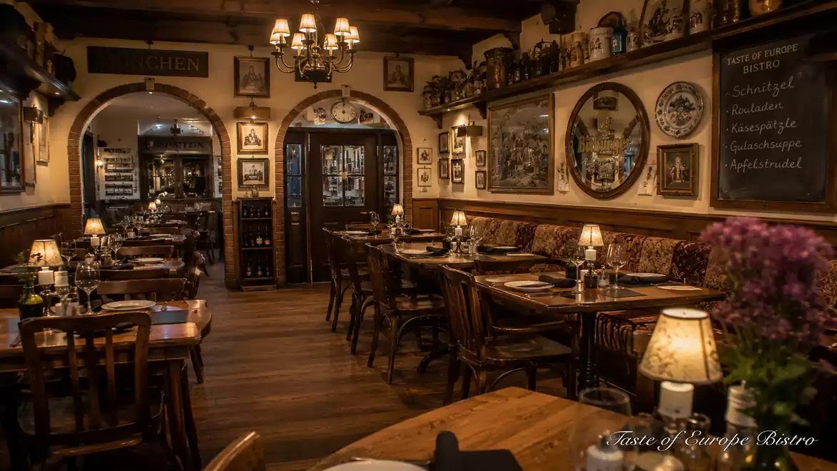 Cozy European bistro with wooden interior, traditional decorations, and set tables, offering a welcoming atmosphere.