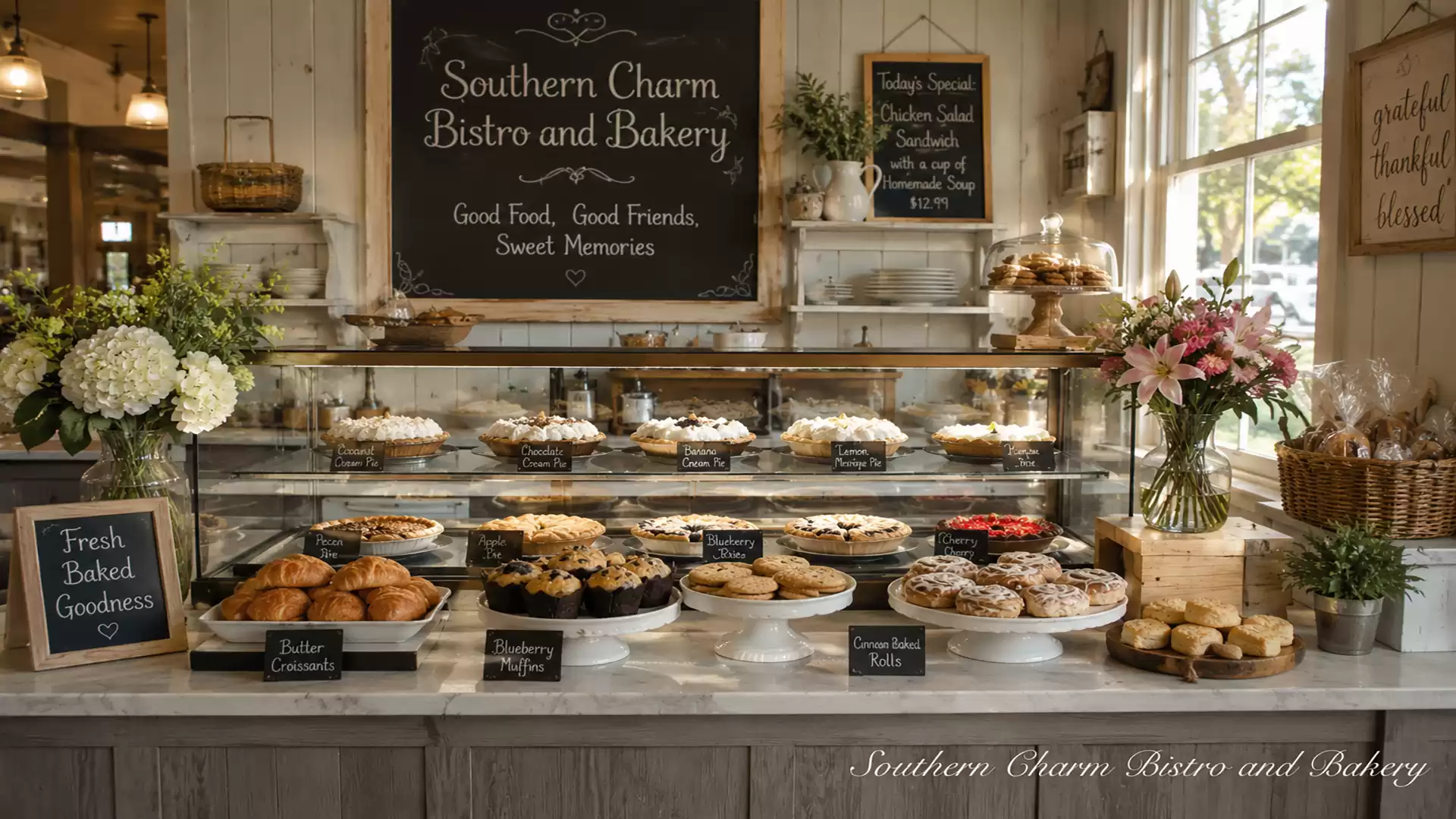 A cozy bistro and bakery with a variety of baked goods and desserts on a counter. Floral arrangements decorate the space.