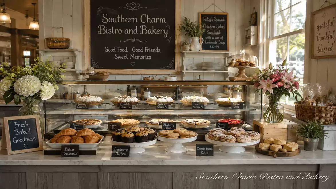 A cozy bistro and bakery with a variety of baked goods and desserts on a counter. Floral arrangements decorate the space.