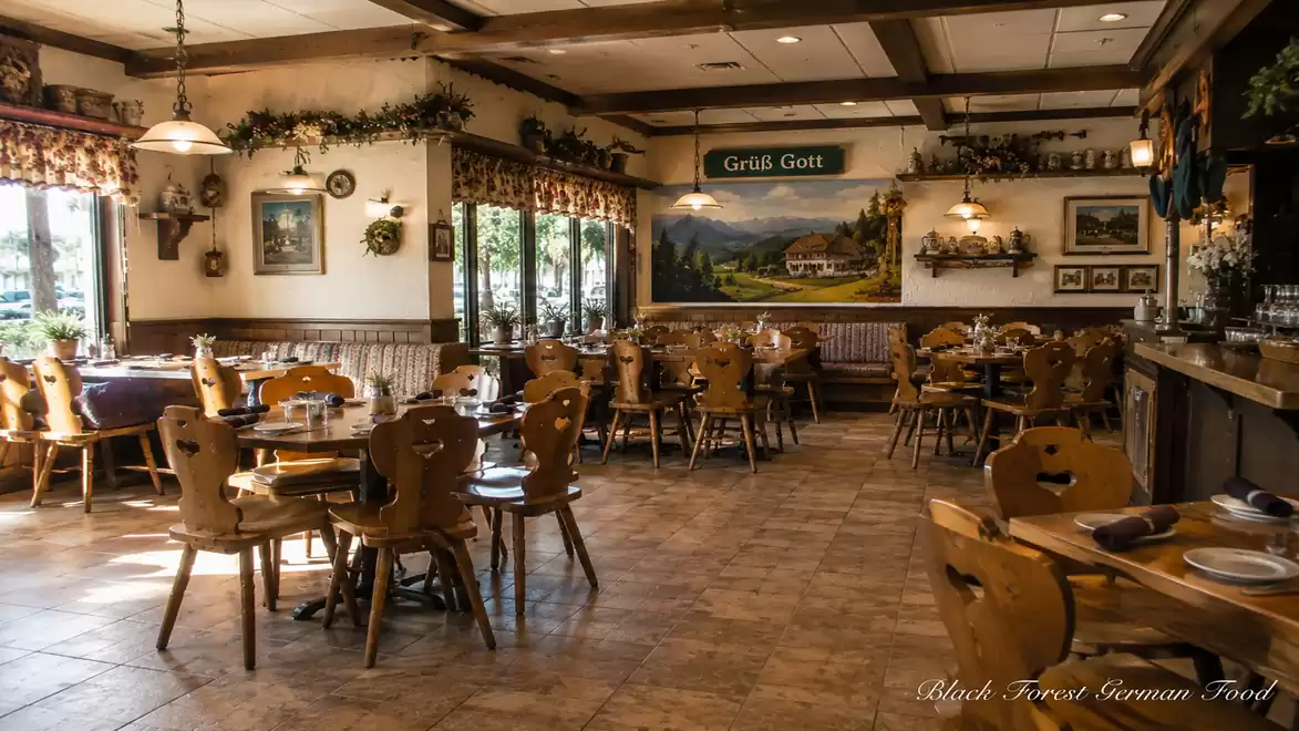 Cozy Bavarian restaurant with traditional wooden furniture and alpine-style decorations.