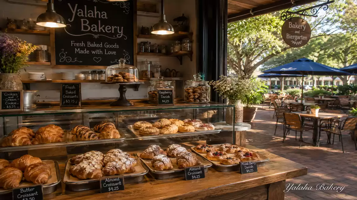 Cozy bakery with a variety of freshly baked goods lovingly displayed. Outside, an inviting seating area under umbrellas offers a pleasant spot to relax.