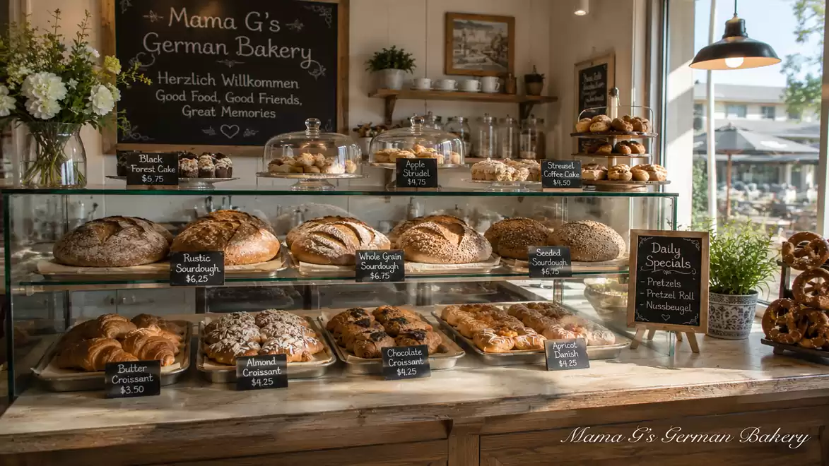 A German bakery with a selection of freshly baked bread and pastries, including pretzels and various types of bread on a wooden counter.