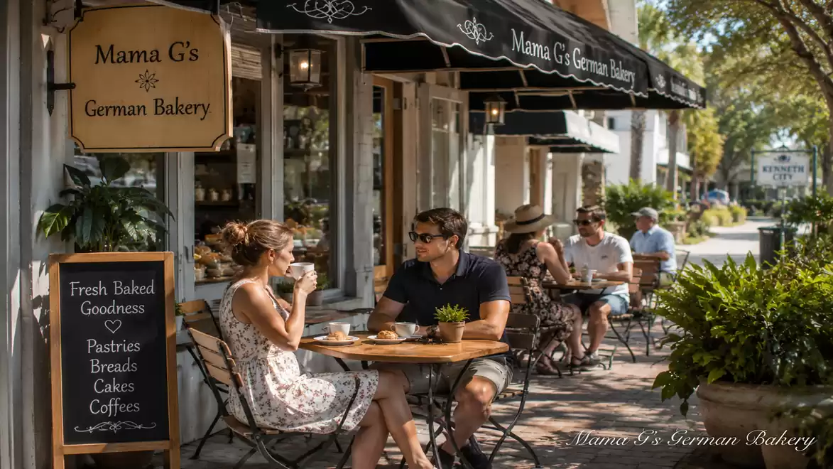 Man and woman enjoying pastries at Mama G's German Bakery outside.