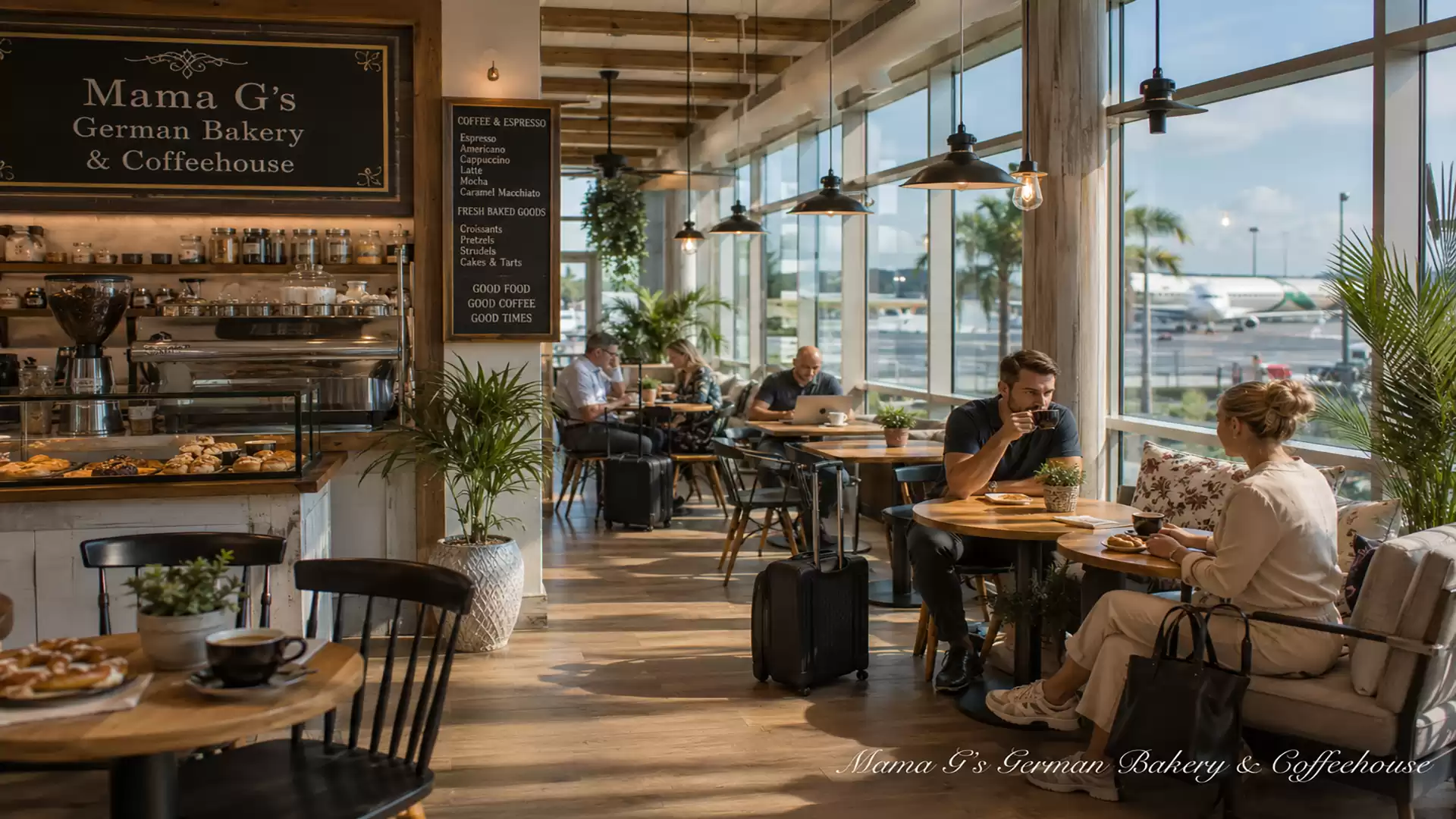 Cozy café with large windows, wooden furniture, and several guests enjoying their coffee. Airplanes are visible in the background.