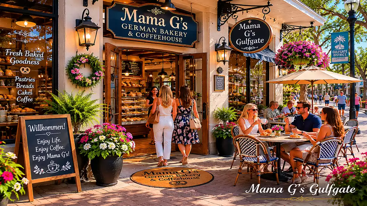 Exterior view of a German bakery and café named Mama G's, with people sitting at tables enjoying their coffee.