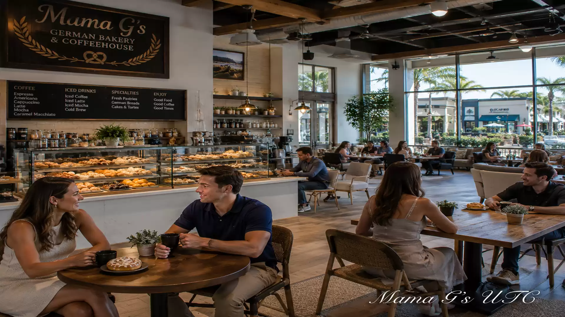 Interior view of a cozy cafe with guests sitting at tables and a counter full of baked goods.
