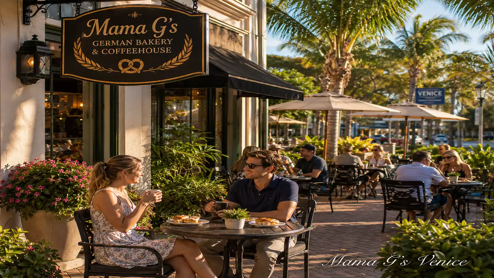 A couple sits in front of Mama G's German Bakery & Coffeehouse in Venice, enjoying the sunny weather.