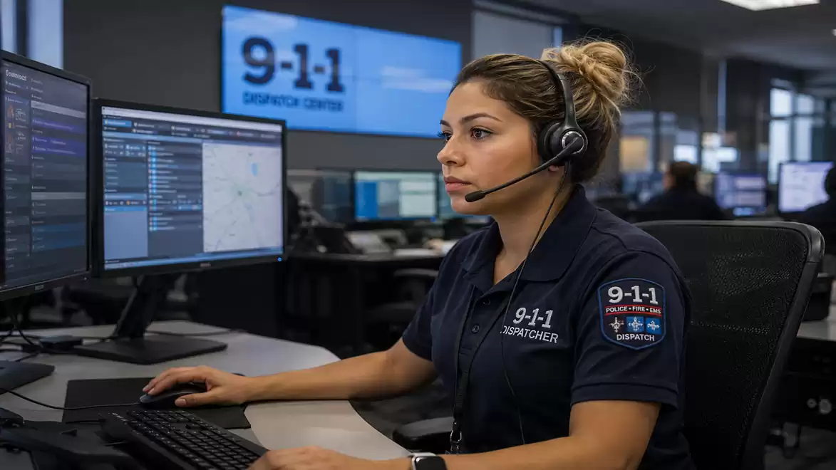 A woman in a communications center wearing a headset works intently at a computer screen in an environment resembling a 9-1-1 dispatcher room.
