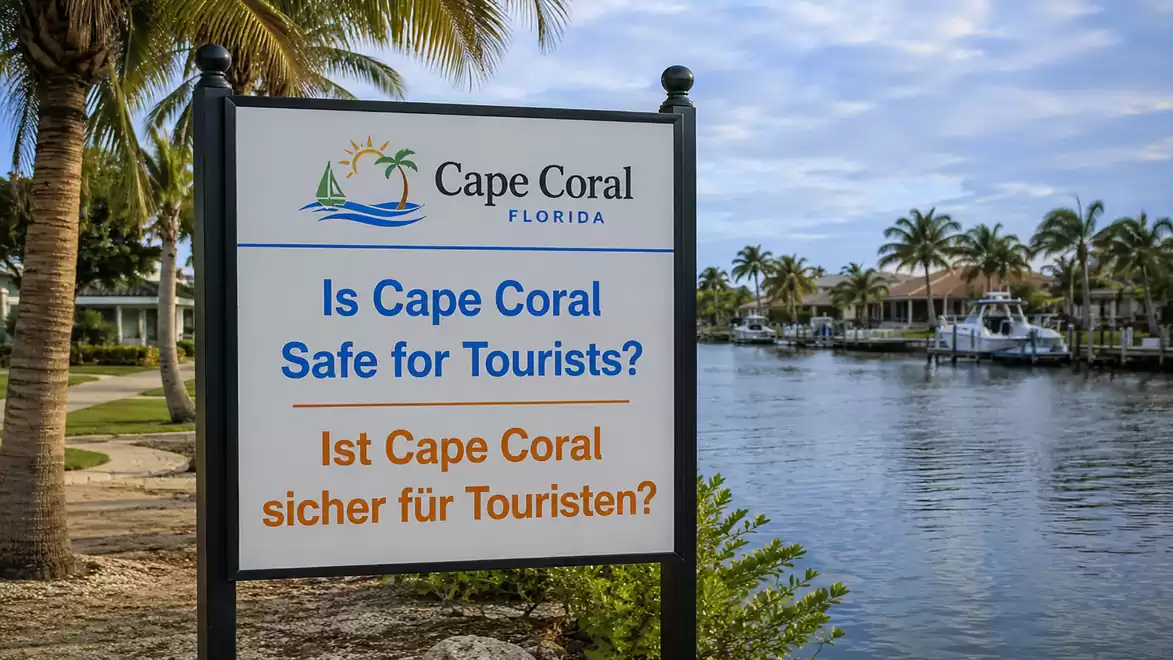 A sign in Cape Coral, Florida, asking if Cape Coral is safe for tourists. In the background, palm trees and water are visible.