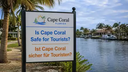A sign in Cape Coral, Florida, asking if Cape Coral is safe for tourists. In the background, palm trees and water are visible.