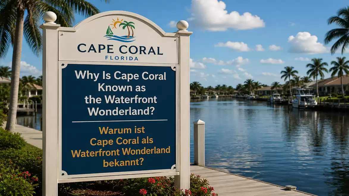 A welcome sign in Cape Coral, Florida, in front of a canal with palm trees. The text on the sign asks why Cape Coral is known as the 'Waterfront Wonderland'.