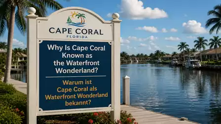 A welcome sign in Cape Coral, Florida, in front of a canal with palm trees. The text on the sign asks why Cape Coral is known as the 'Waterfront Wonderland'.